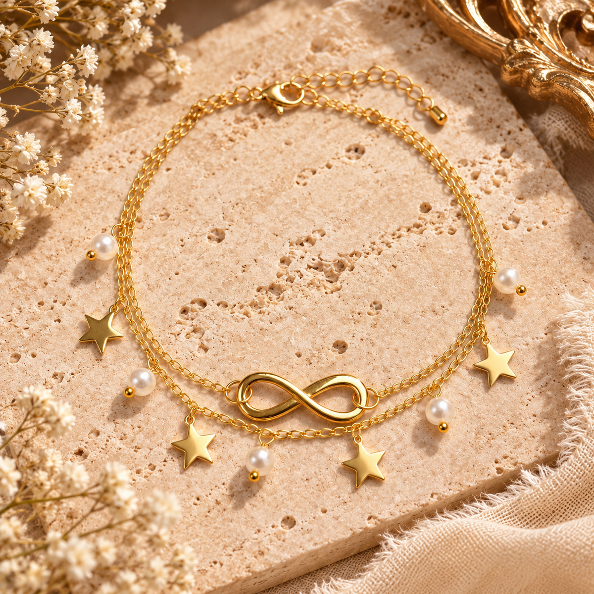 Tobillera Dorada infinito y estrellas