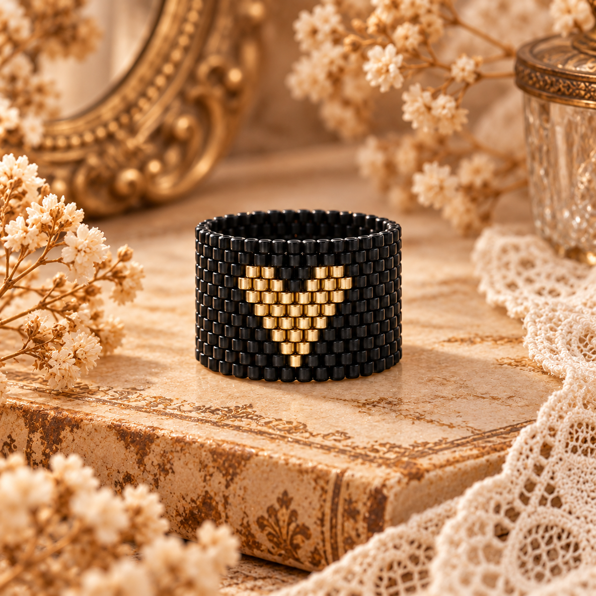 Anillo negro corazón dorado