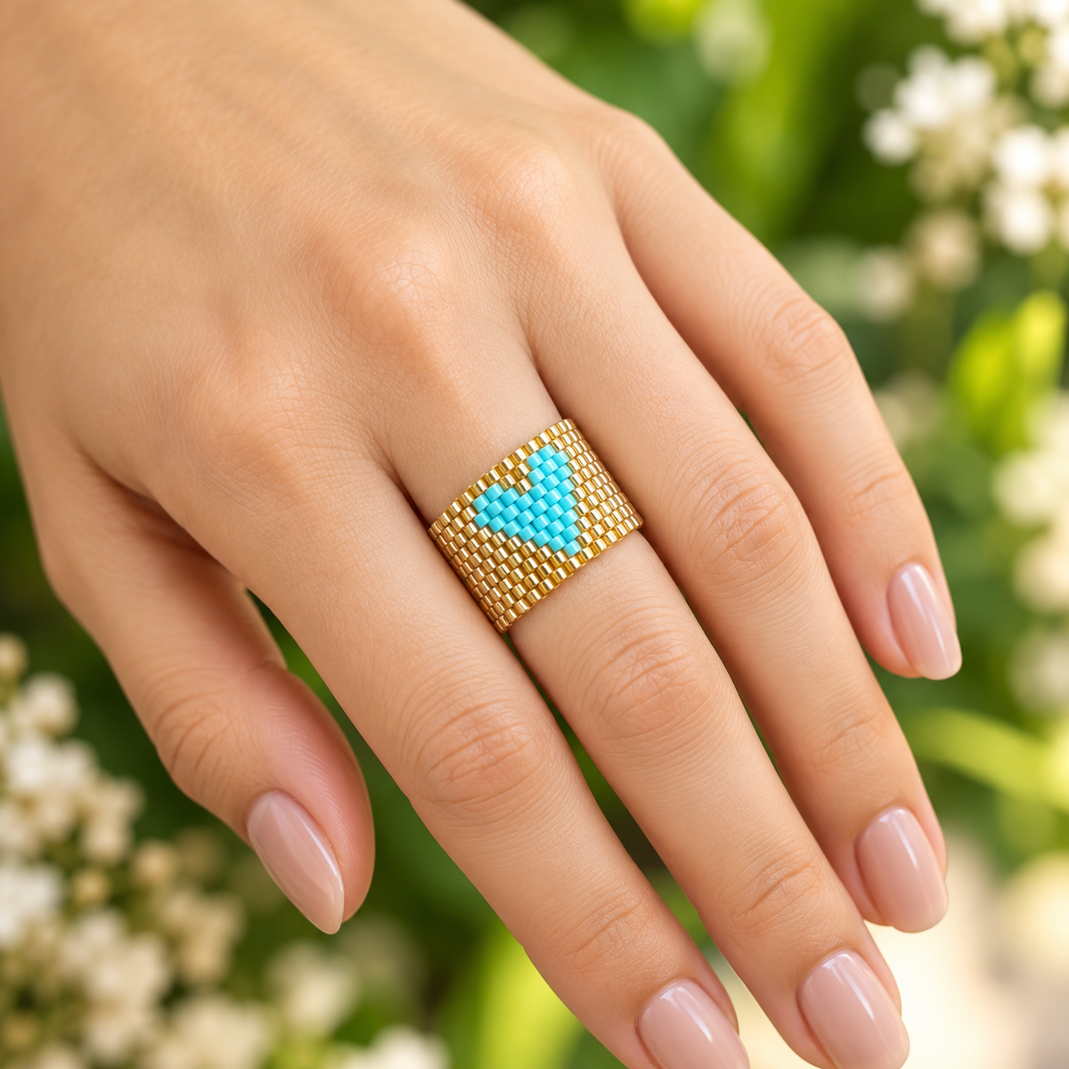 Anillo dorado corazon aguamarina