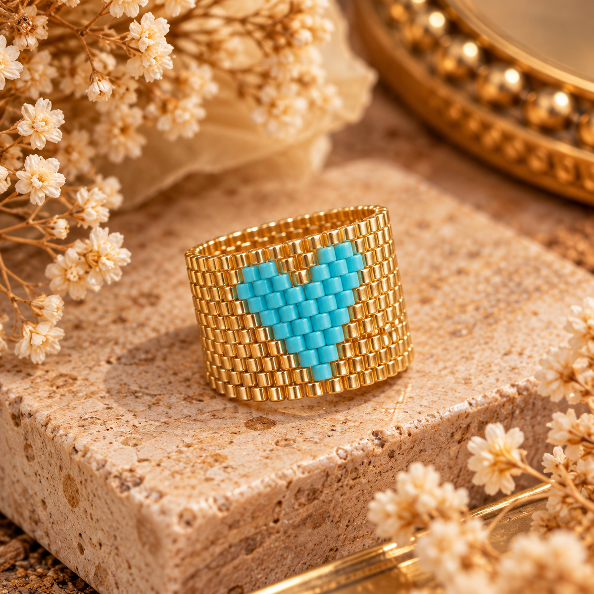 Anillo dorado corazon aguamarina